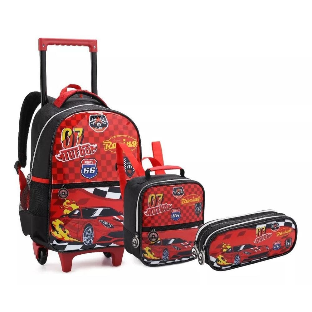 Kit Mochila Rodinhas Infantil Carro Escolar Pista De Corrida