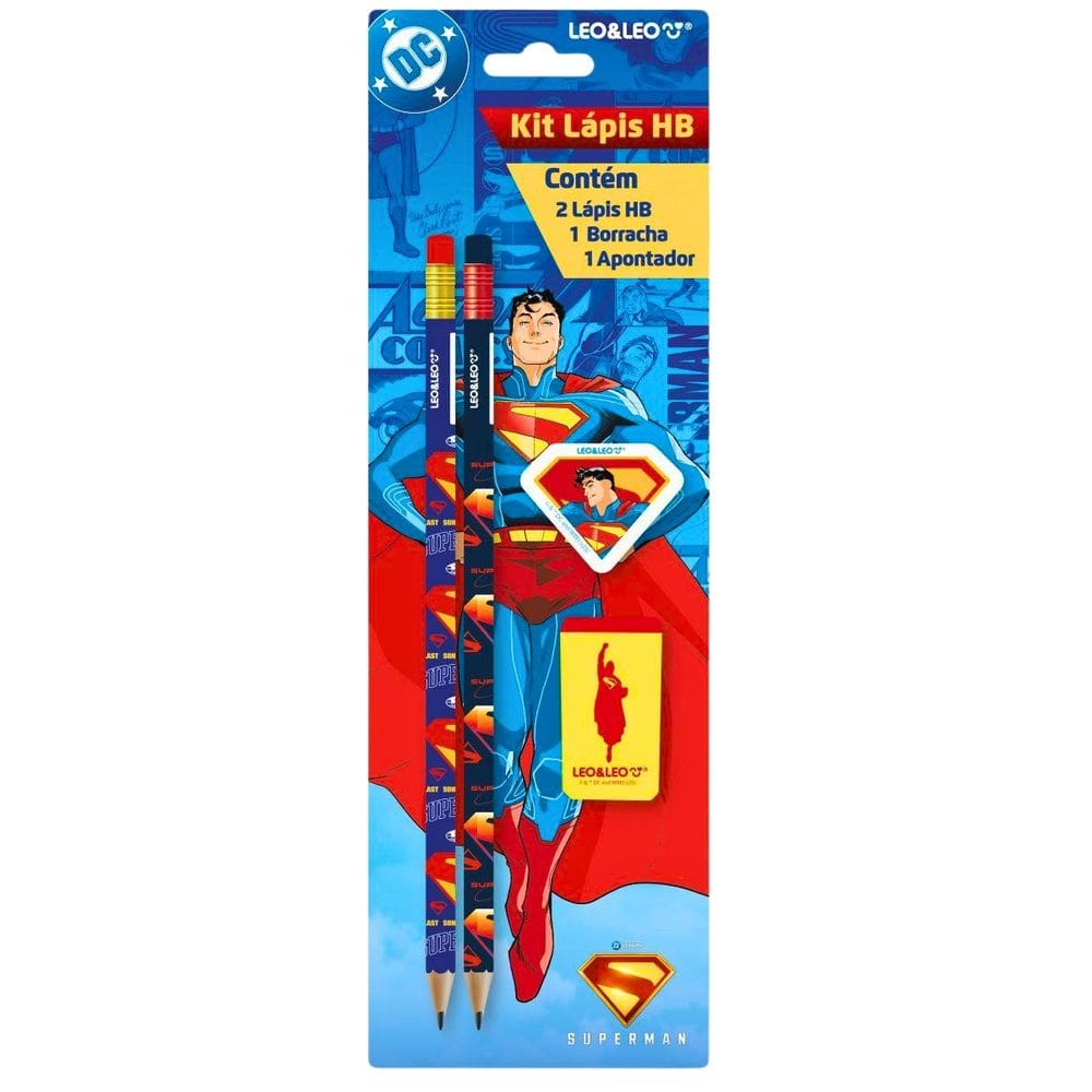 Kit Escolar Superman 4Peças Lapis Apontador Borracha LeoeLeo