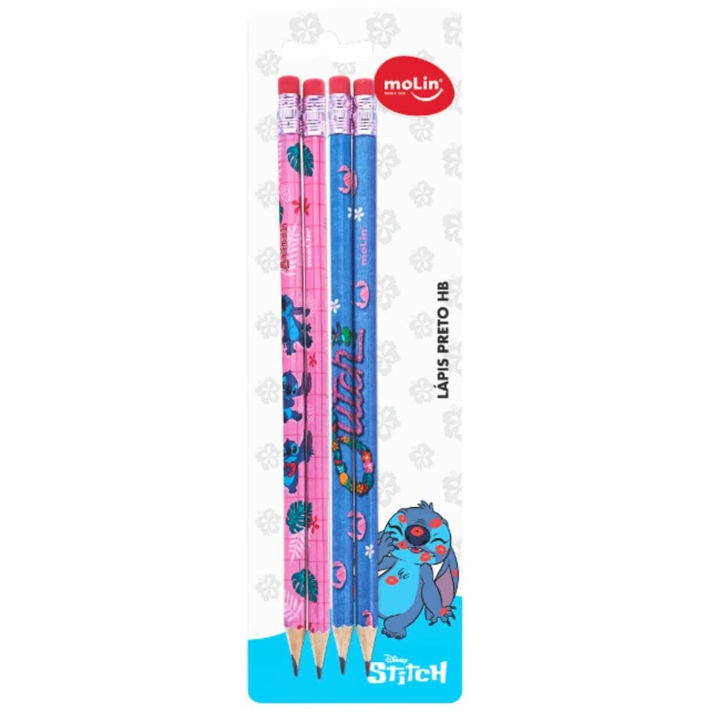Kit Escolar Stitch 4 Lapis Preto HB com Borracha Molin