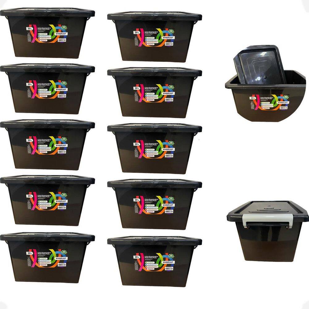 10 Caixa Organizadora Multiuso Preta Com Trava Prata 20 Lts