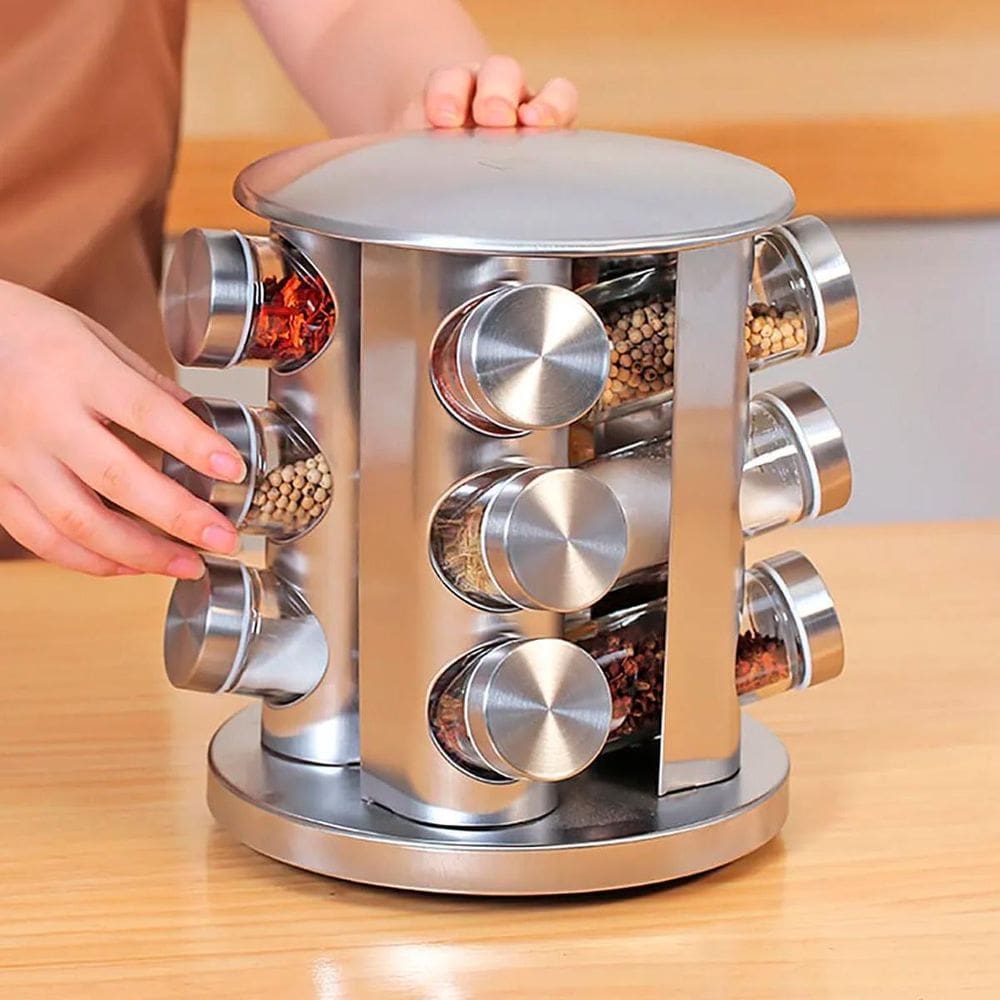 Conjunto Porta Condimento Vidro Giratório Inox Elegante