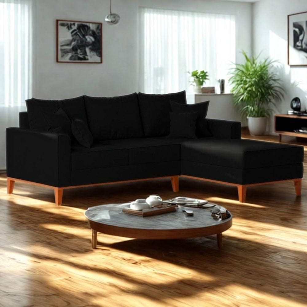 Sofá 3 Lugares Beny Com Chaise Direito Corino Preto