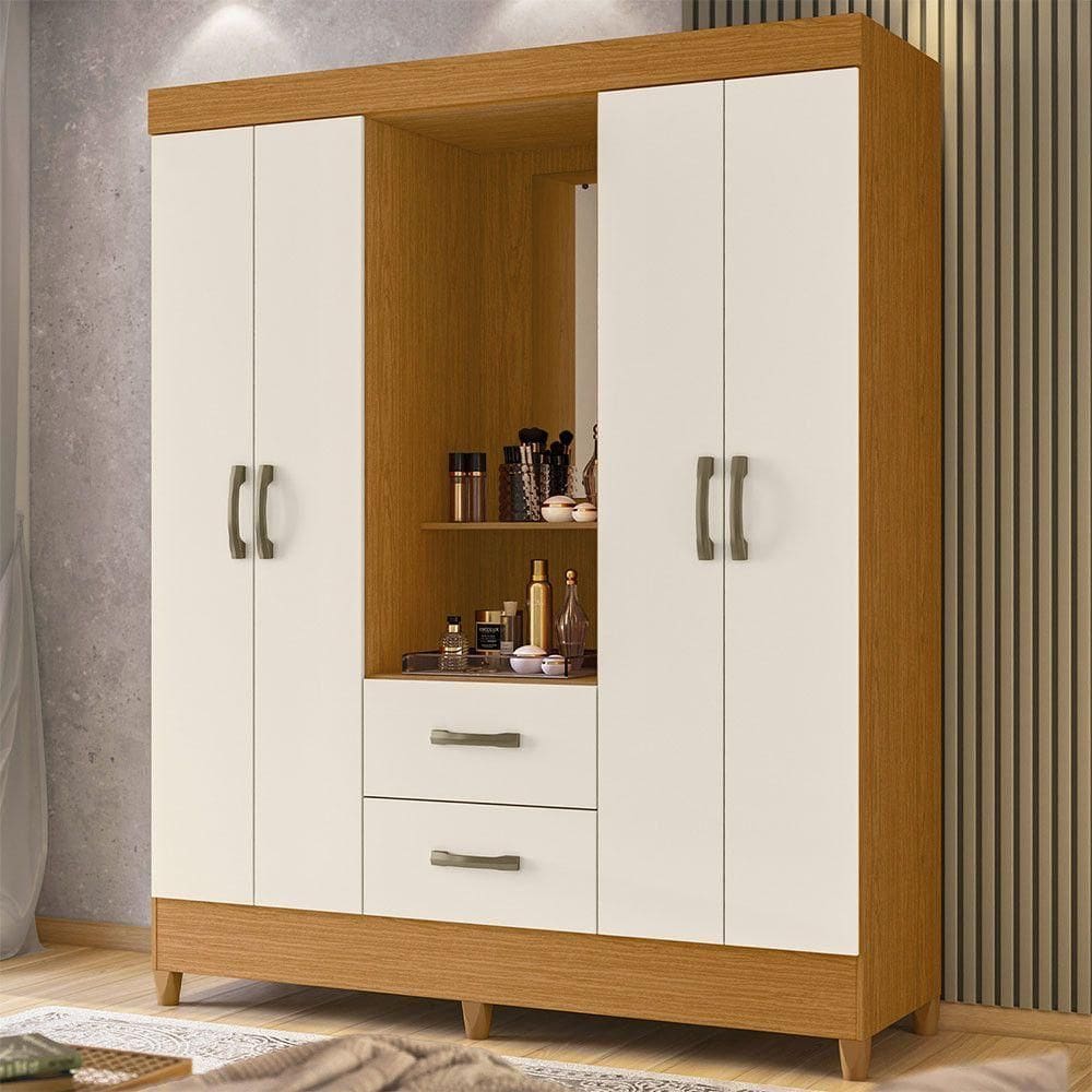 Guarda Roupa Malibu 4 Portas 2 Gavetas Com Espelho Albatroz Cinamomo/off White - Int Bca
