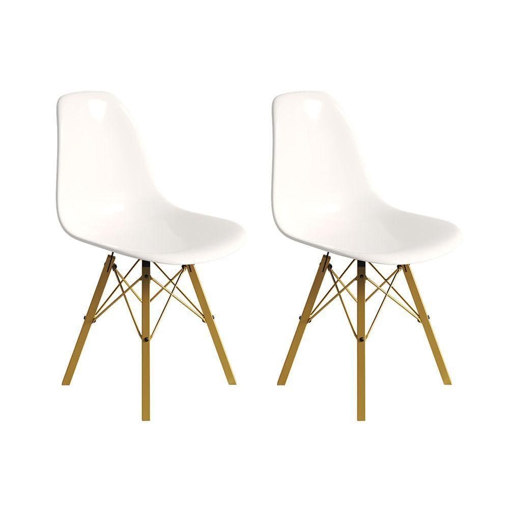 Conjunto 2 Cadeiras Eames Design Moderno Tubo De Ferro Dourado Assento Branco