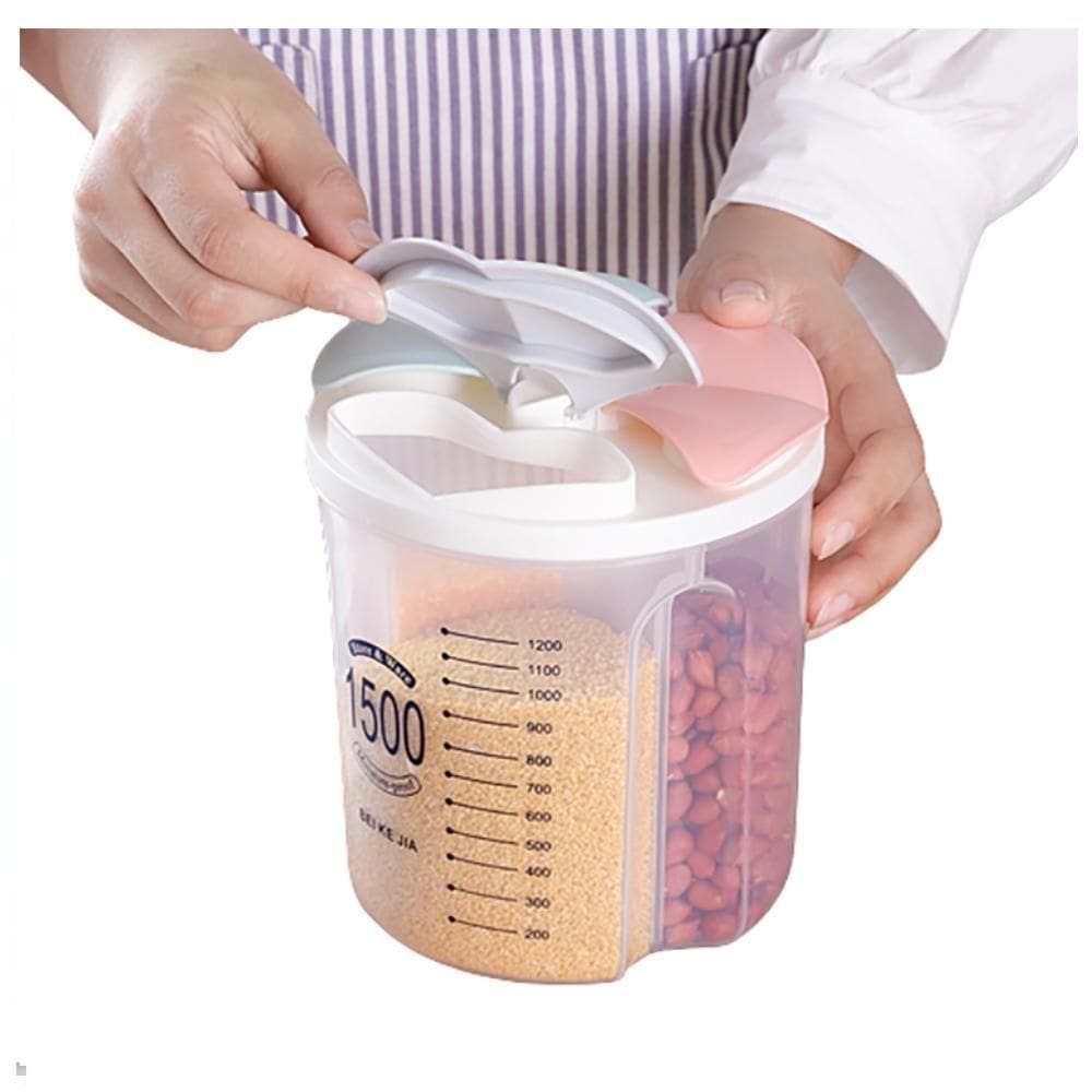 Porta Mantimentos Triplo Pote Alimentos 3 Em 1 Divisorias Dispenser Lavanderia Sabao Em Pó Medidor Sucrilhos Graos Multi