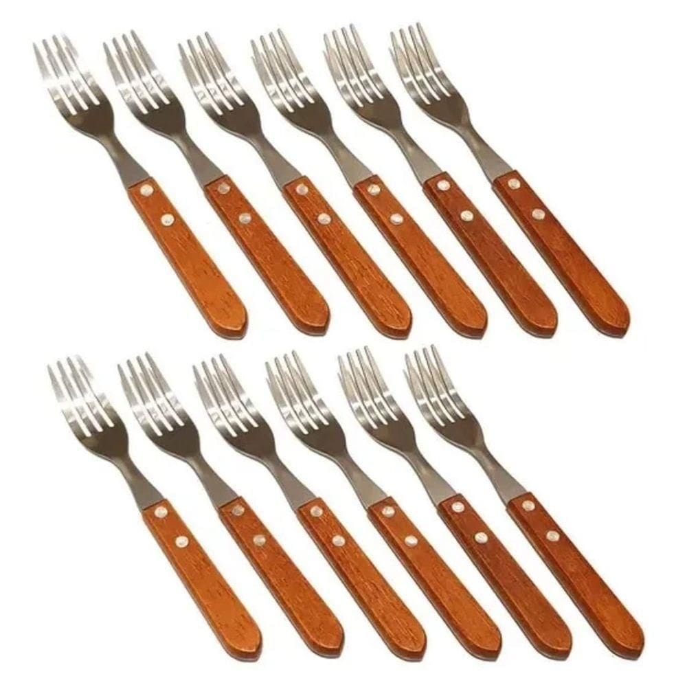 Kit 12 Garfos De Mesa Com Cabo De Madeira