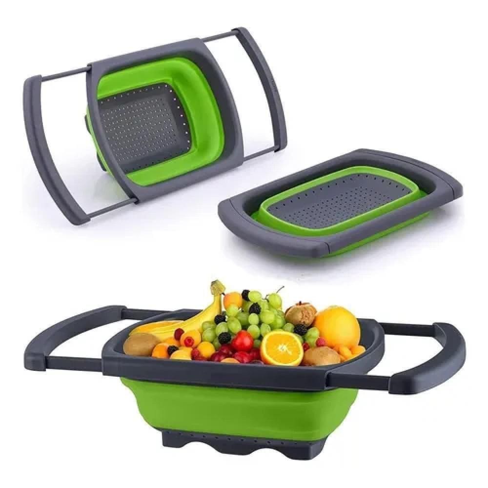 Escorredor Retratil Silicone Alca Ajustavel Massas Macarrao Legumes Frutas Pia Cozinha Multiuso Verde