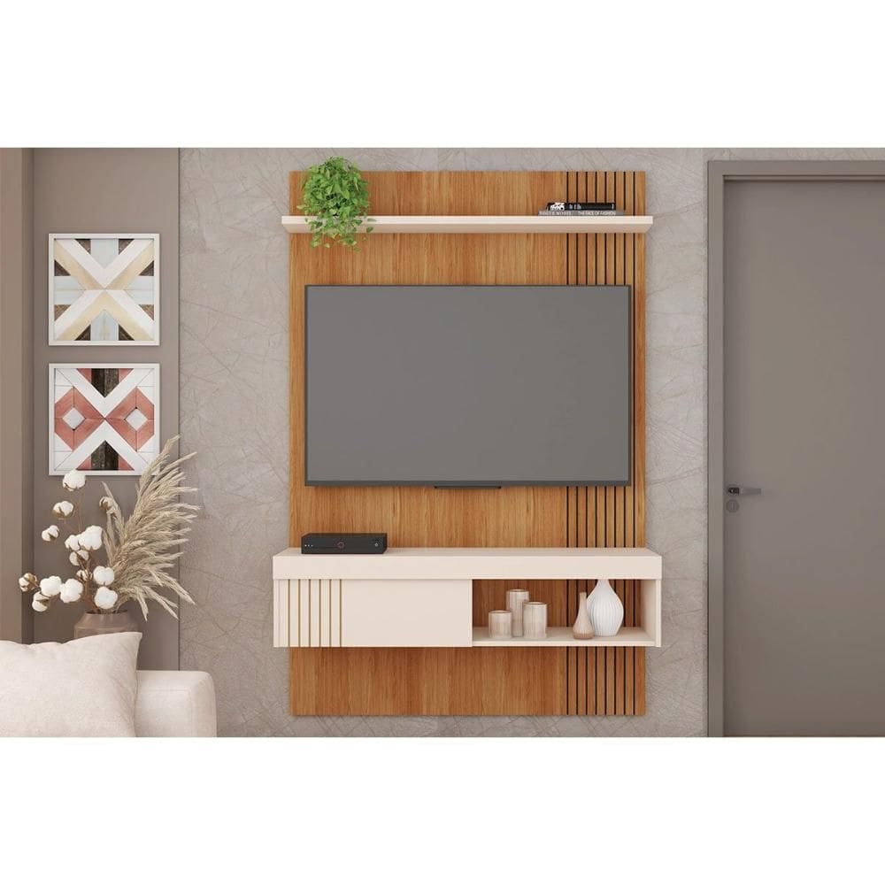 Rack Bancada c/ Painel p/ TV até 45 Pol Jade Ripada 120x183cm Freijo/Off White - Caemmun