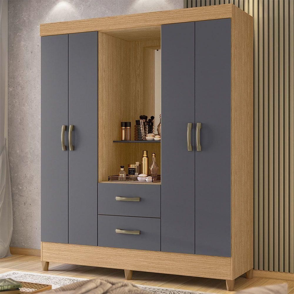 Guarda Roupa Malibu 4 Portas 2 Gavetas Com Espelho Albatroz Freijo/titanium - Int Bca