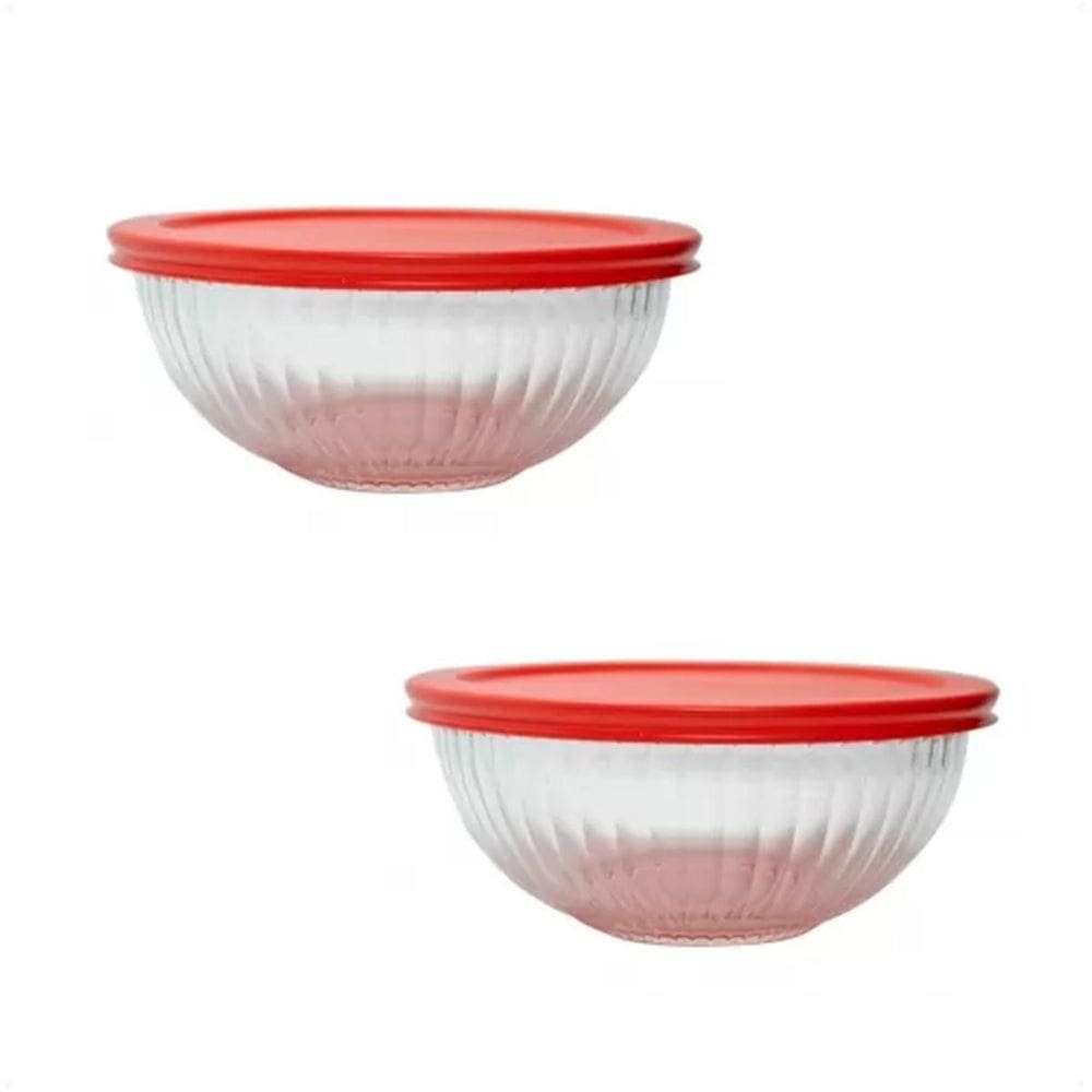 2 Tigelas Vidro Canelada Com Tampa Vermelha 1000Ml