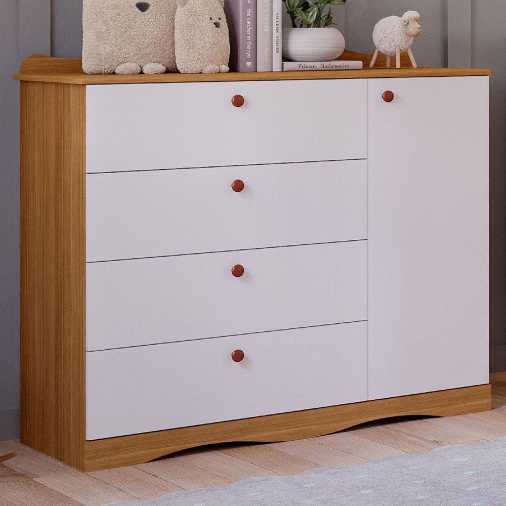 Cômoda de Bebê Encanto 1 Porta 4 Gavetas 100% Mdf Natural/Branco - Permóbili