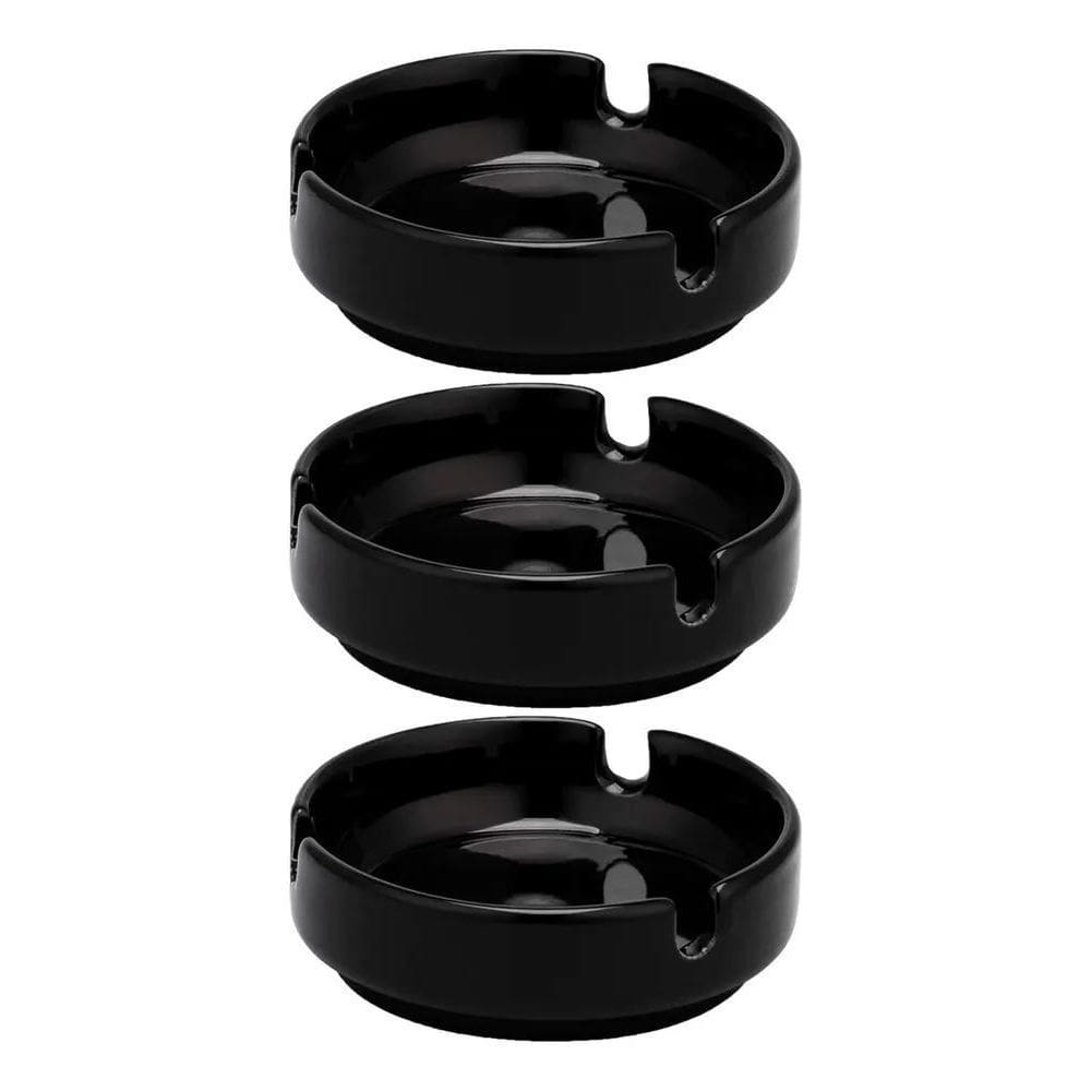 2X Kit 3 Cinzeiro Porcelana Preto Cinzeiros Redondo Liso Hot