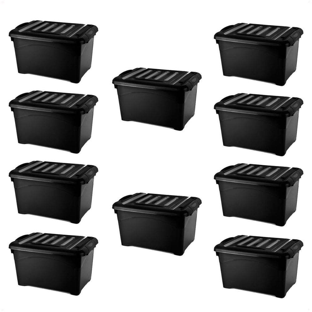 10 Caixas Organizadoras 25 Litros Preta Travas E Rodinhas