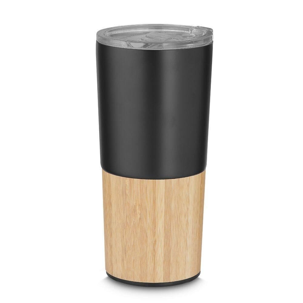 Copo Térmico Premium Em Aço Inox Com Base De Bambu - 550ml - Preto Elegante E Funcional