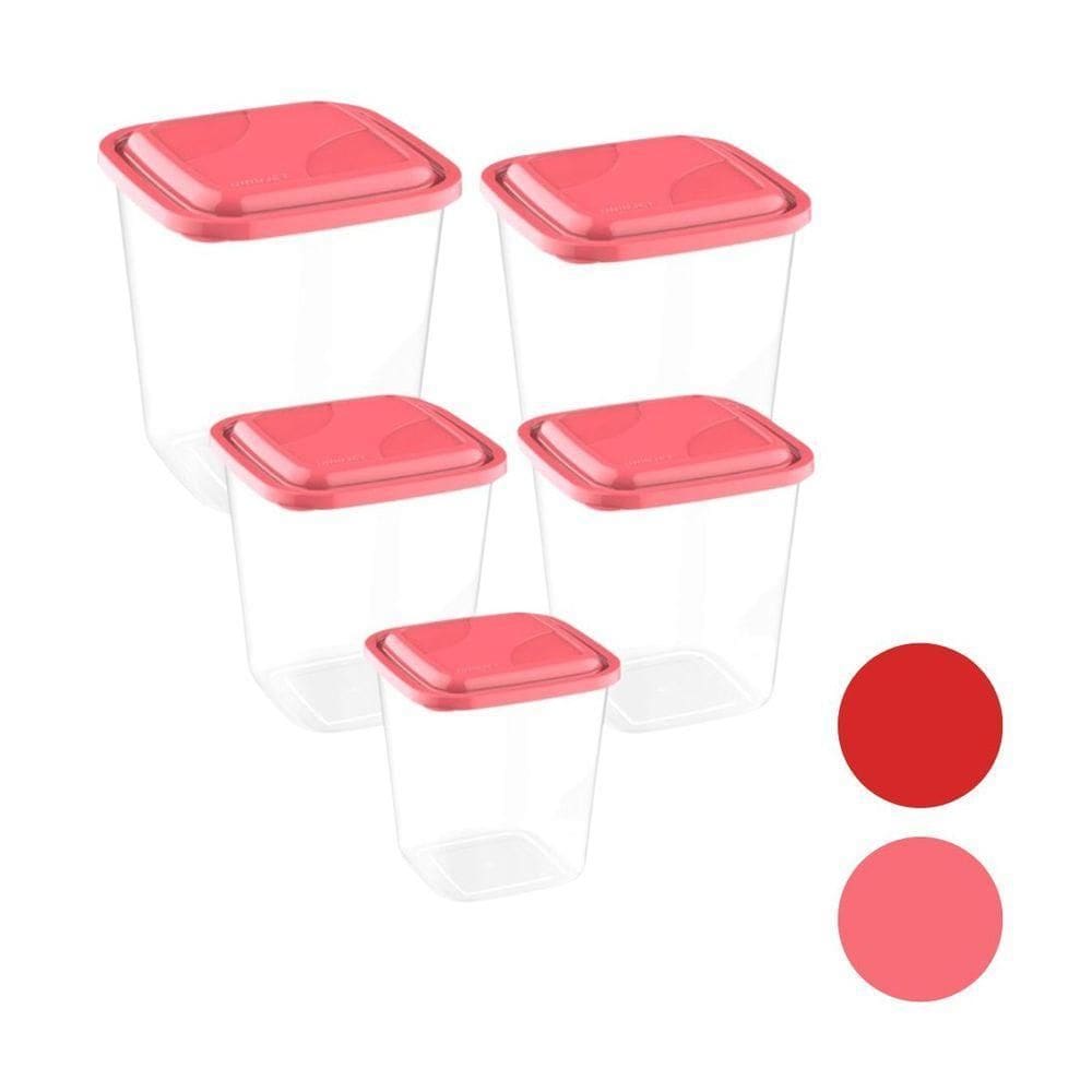 Kit Com 5 Potes Rosa/Vermelho Porta Alimentos E Mantimentos