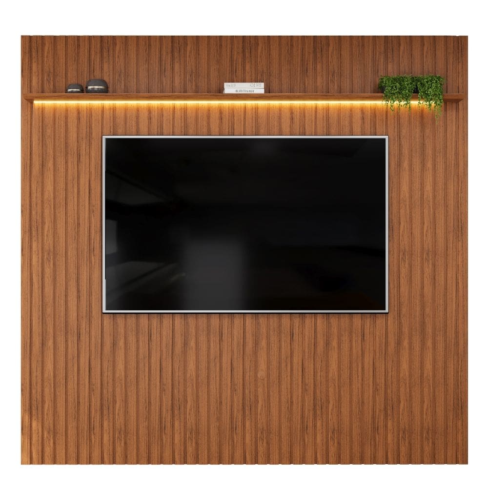 Painel Para TV Até 65 Polegadas 2,23m Ripado Autêntico com Led e Prateleira Montreal Madeirado