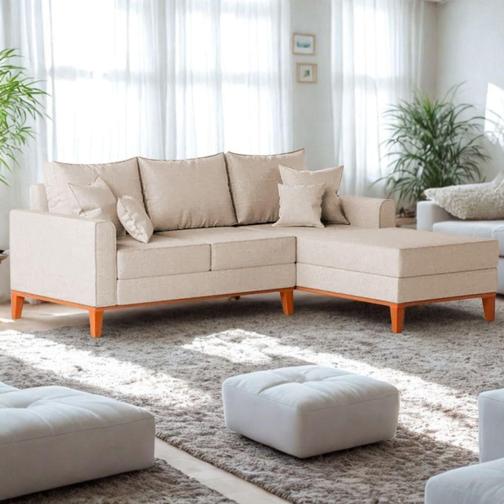 Sofá 3 Lugares Beny Com Chaise Direito Suede Bege