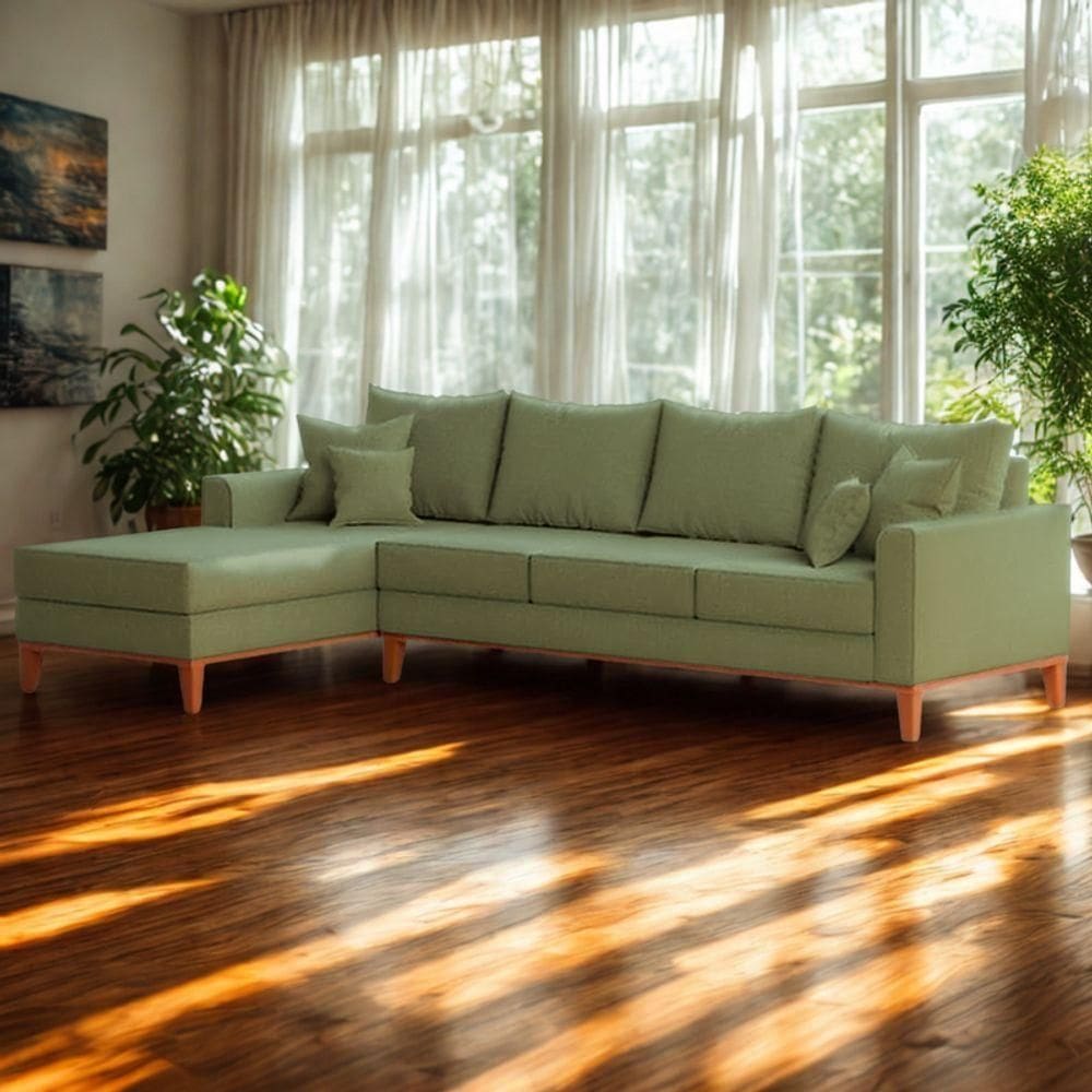 Sofá 4 Lugares Beny Com Chaise Esquerdo Linho Verde Oliva