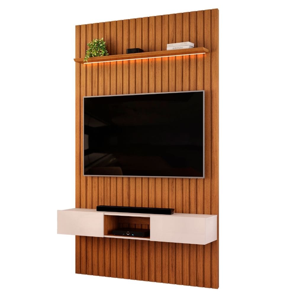 Painel Para TV Até 55 Polegadas 1,43m Ripado Autêntico Com Led e Nicho Montreal Madeirado/Off White