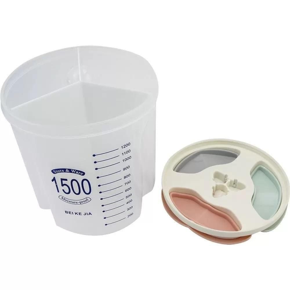 Porta Mantimentos Triplo Pote Alimentos 3 Em 1 Divisorias Dispenser Lavanderia Sabao Em Pó Medidor Sucrilhos Graos Multi