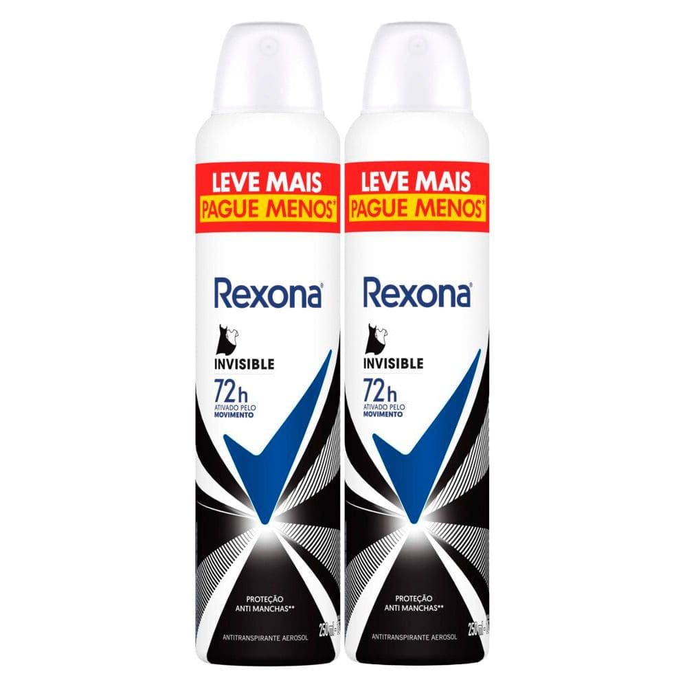 Kit 2 Desodorante Antitranspirante Aerosol Feminino Rexona Invisible 72 horas 250ml Leve Mais Pague Menos