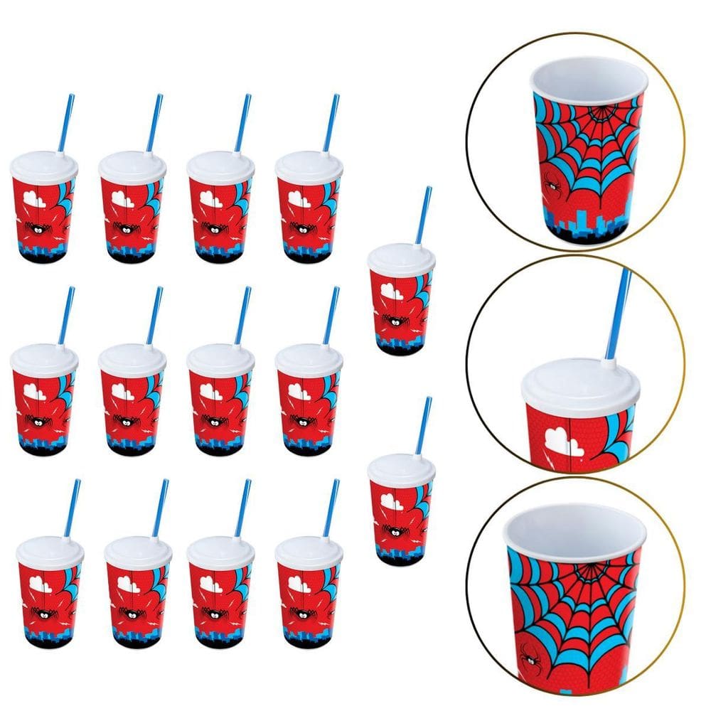 Kit 14 Copo De Plástico 550 Ml Herói Homem Aranha Com Canudo