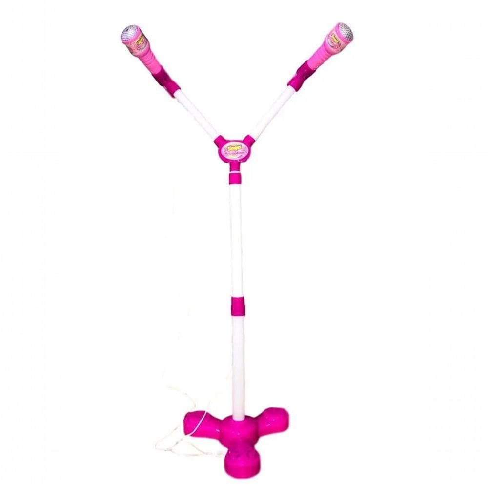 Kit Microfone Infantil Duplo Pedestal Luz Som Conecta Celula