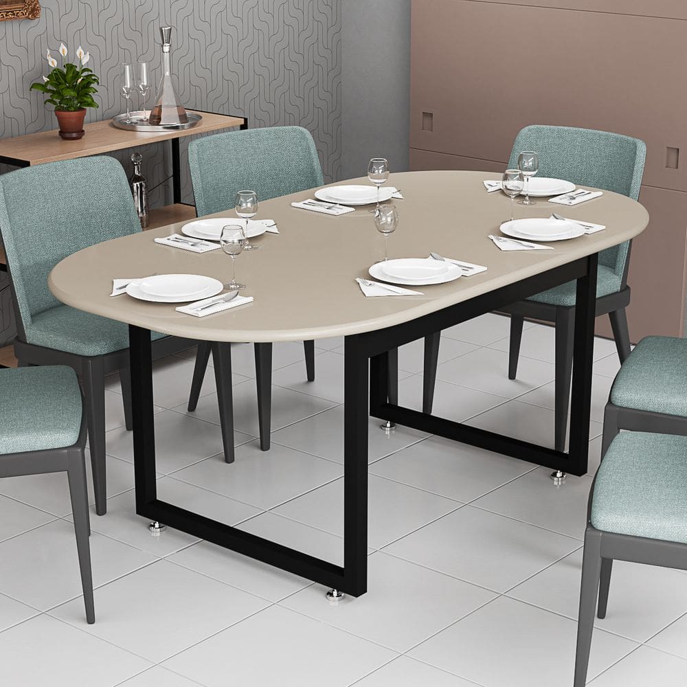 Mesa De Jantar Para 6 Cadeiras Tampo Oval Em MDF Base De Ferri Preta Estilo Industrial