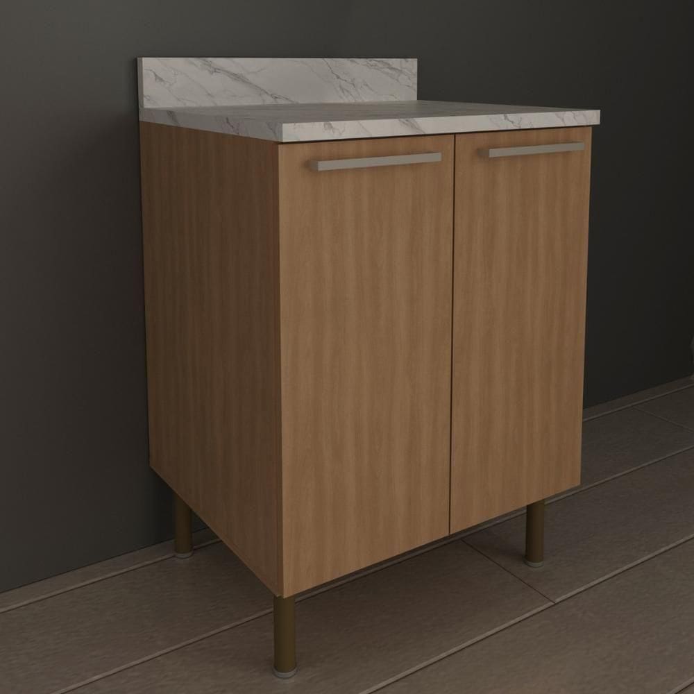 Balcão De Cozinha Com Tampo E 2 Portas 60cm Multimóveis Cr20461 Freijó Mármore Branco