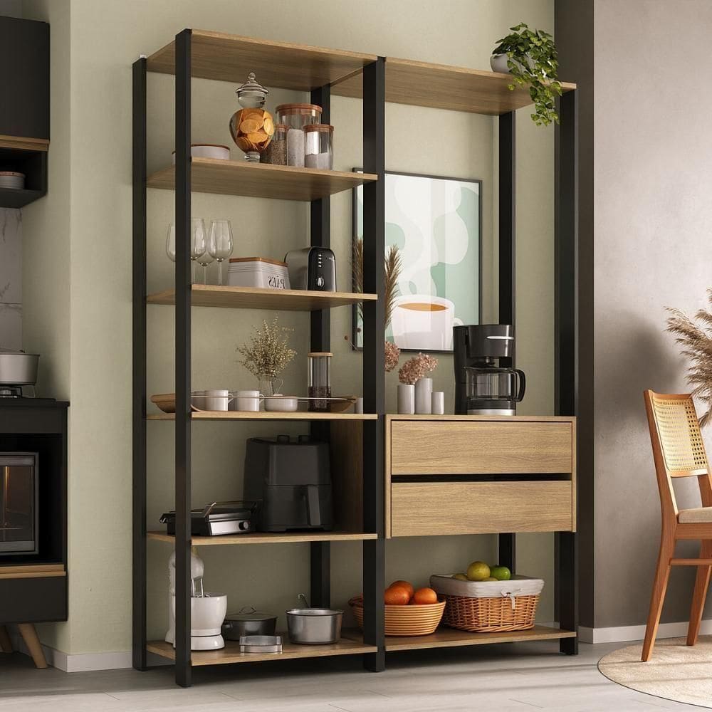 Armário De Cozinha Modulada Compacta 135cm 2 Peças Com 2 Gavetas Multimóveis Mp2284 Preto/madeirado