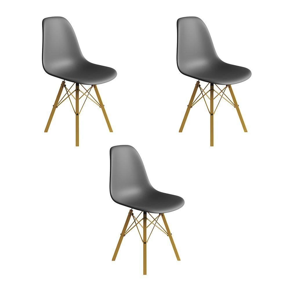 Conjunto 3 Cadeiras Eames Estilo Moderno Em Ferro Dourado Com Assento Cinza