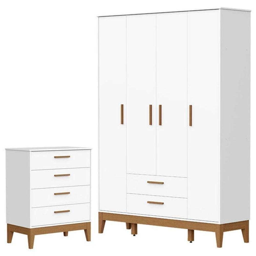 Guarda Roupa Infantil Flip 4 Portas Com Cômoda Gaveteiro Infantil Flip Branco Acetinado - Reller