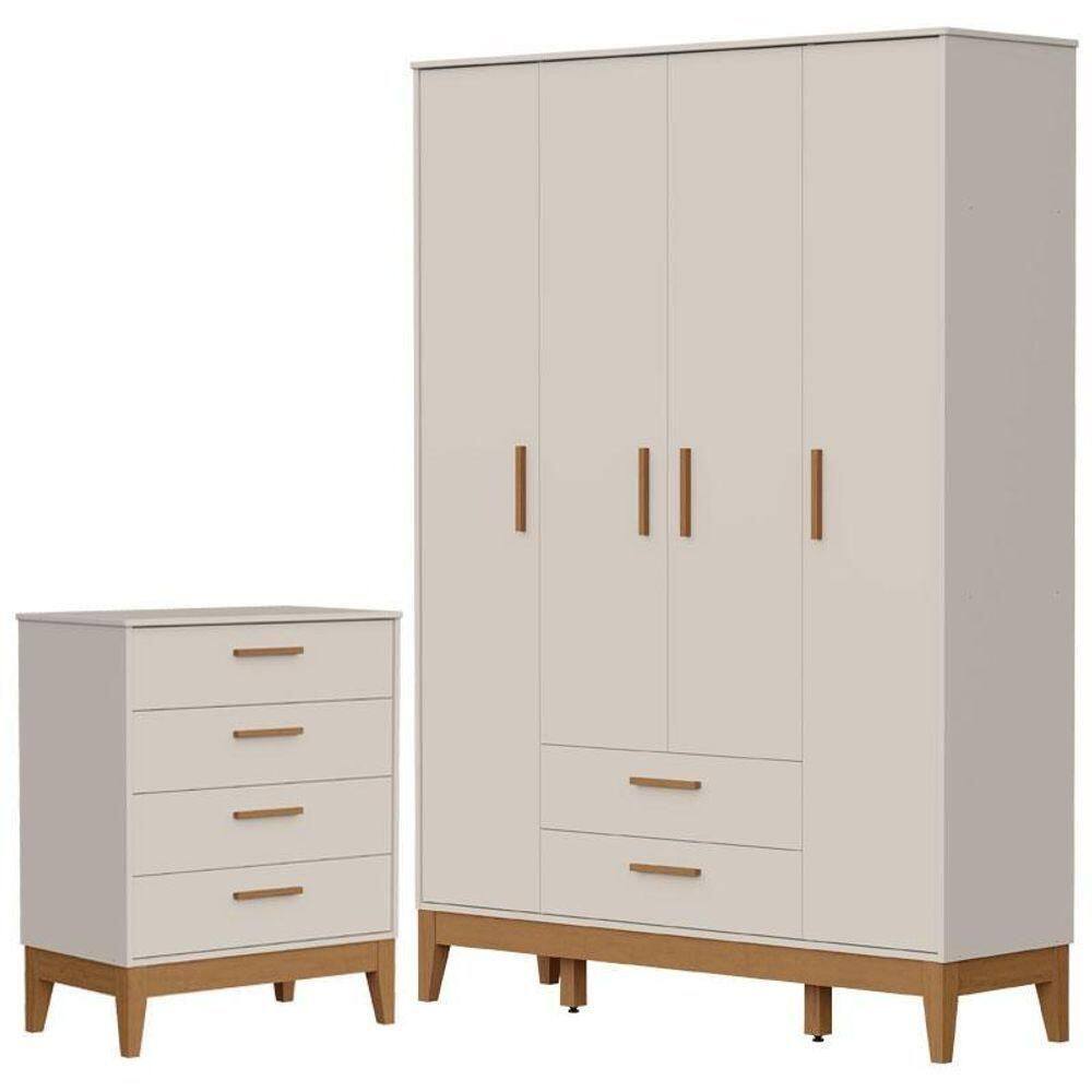 Guarda Roupa Infantil Flip 4 Portas Com Cômoda Gaveteiro Infantil Flip Areia Acetinado - Reller