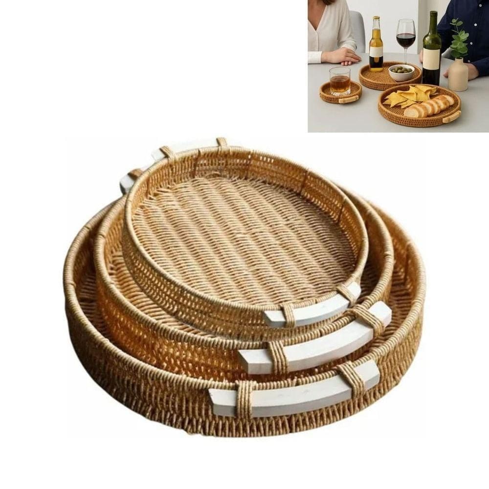 Kit 3 Peças Bandejas Redondas Em Madeira