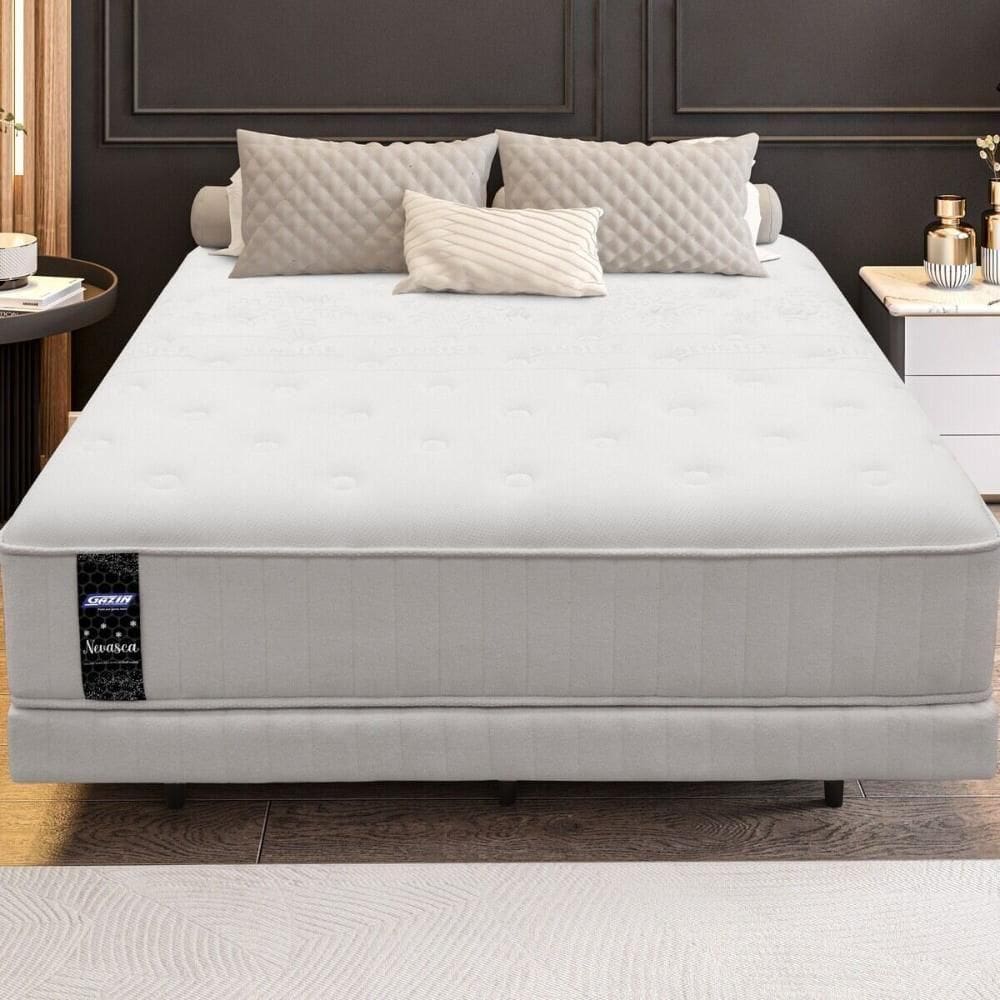 Cama Box Conjugado Queen Com Colchão 158x64x198 Nevasca Gazin Cr35296 Branco Cinza Claro