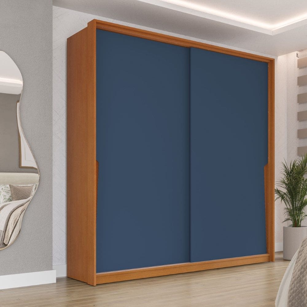 Guarda Roupa Roupeiro 2 Portas de Correr 2 Gavetas Porto Freijó Azul Politorno Móveis