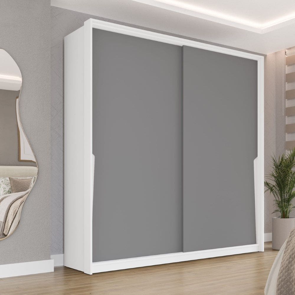 Guarda Roupa Roupeiro 2 Portas de Correr 2 Gavetas Porto Branco Cinza Politorno Móveis