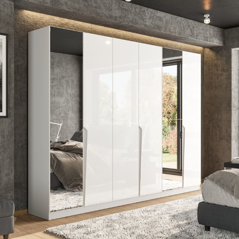 Guarda Roupa Roupeiro 6 Portas 4 Gavetas com Espelho Porto Branco Politorno Móveis