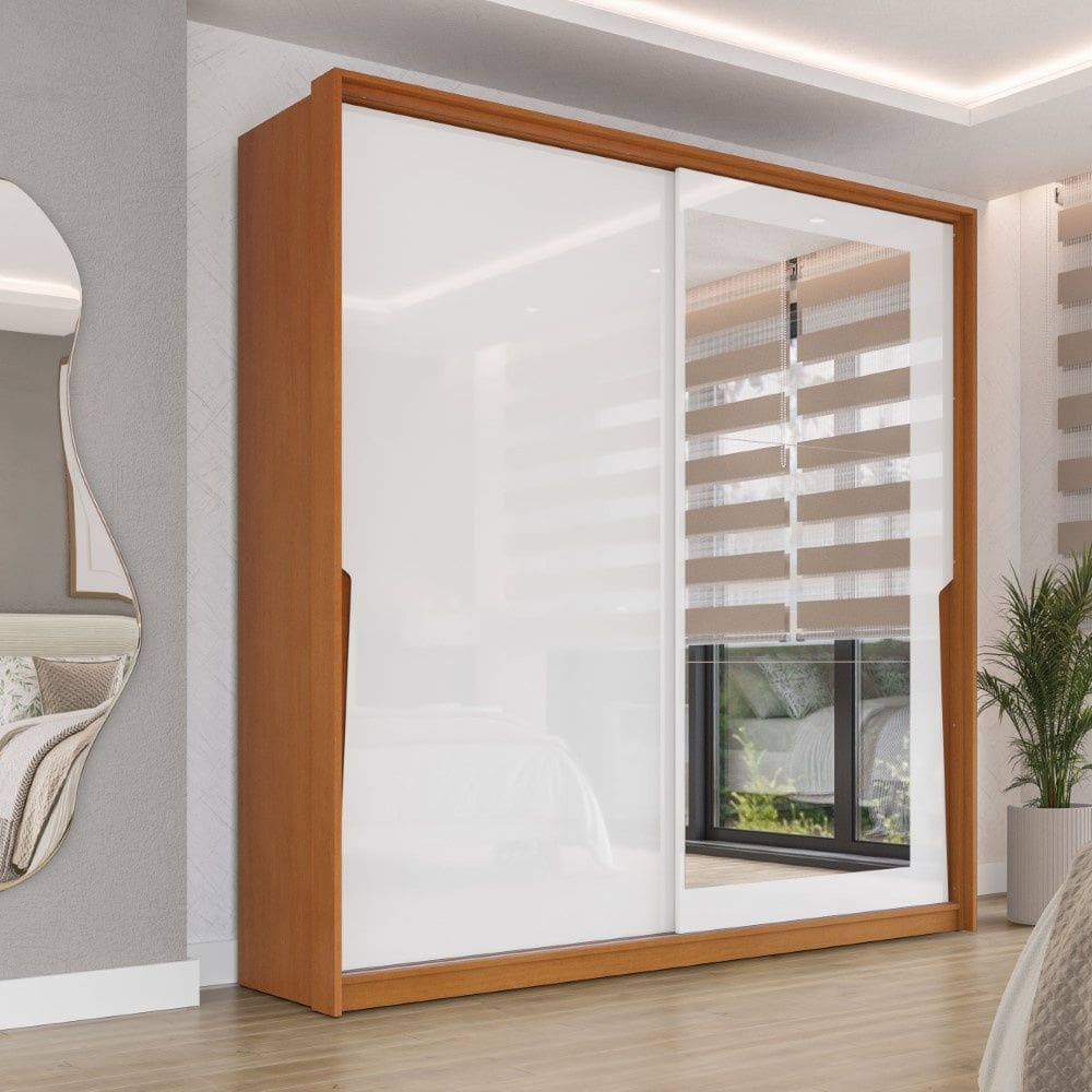 Guarda Roupa Roupeiro 2 Portas de Correr 2 Gavetas com Espelho Porto Freijó Branco Politorno Móveis