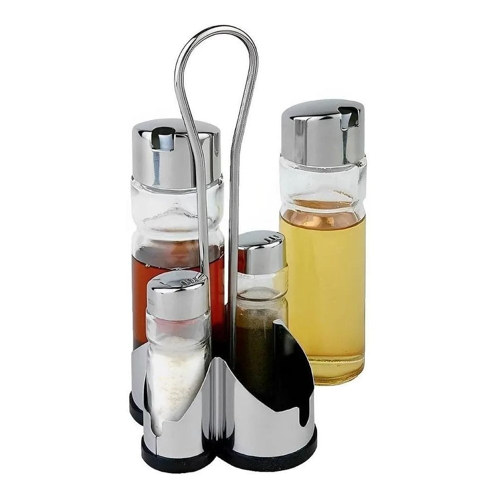 Galheteiro De Vidro Com Suporte E Tampas Cromadas Azeite Vin