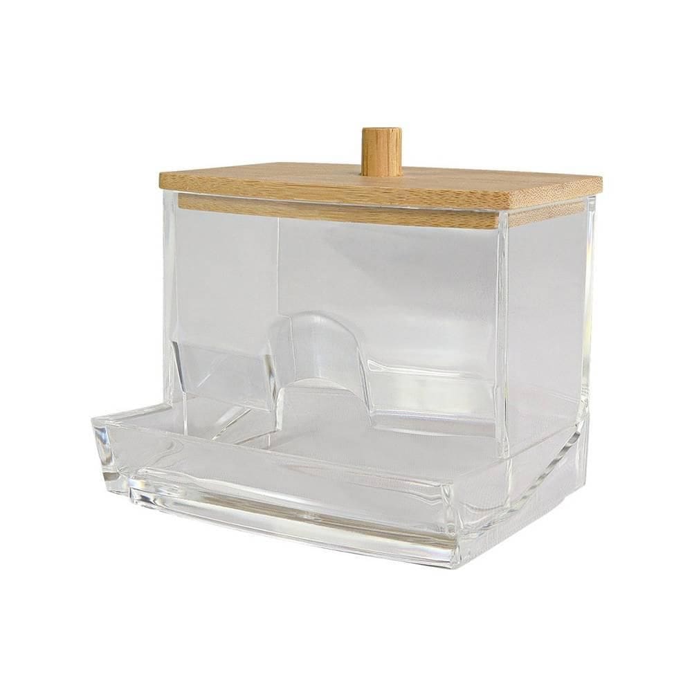 Porta Cotonete Organizador Transparente Com Tampa De Bambu