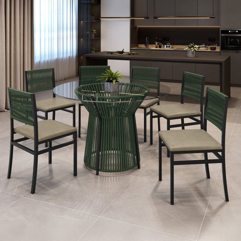Conjunto Sala de Jantar Mesa Redonda Tampo de Vidro Valência 120cm com 6 Cadeiras Barcelona Verde/Pérola