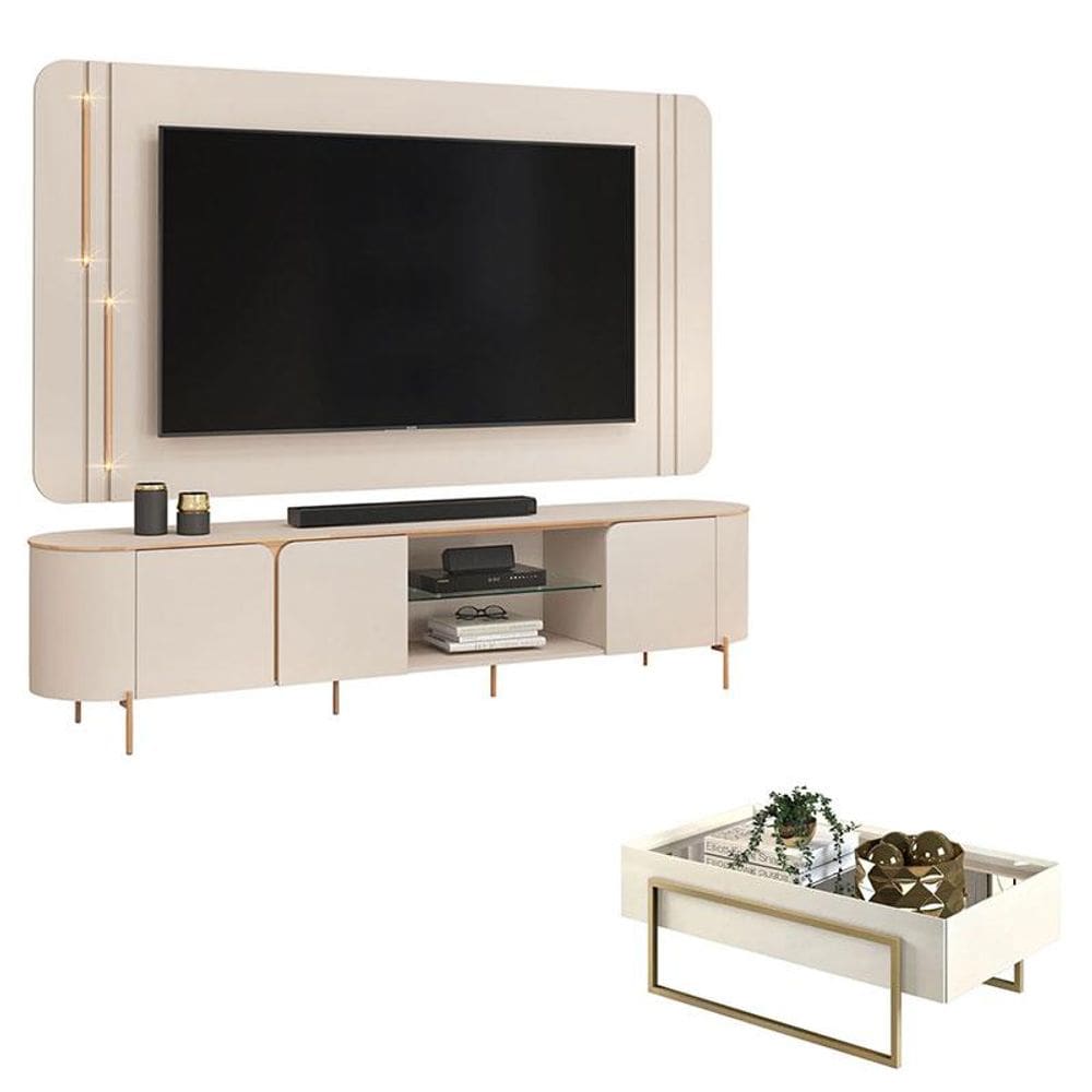 Rack Bancada com Painel Ariana e Mesa de Centro Suri Off White - DJ Móveis