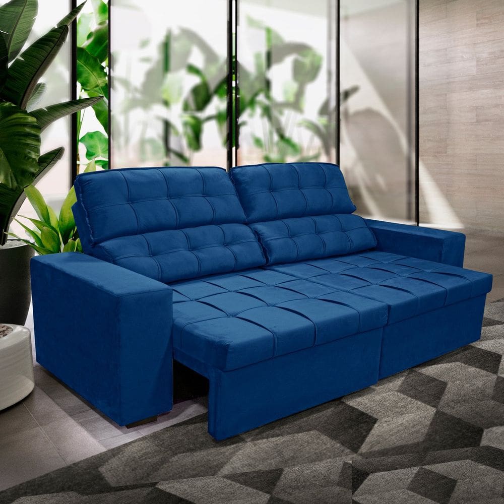 Sofá Retrátil Reclinável Molas 250 Veludo Barcelona Azul