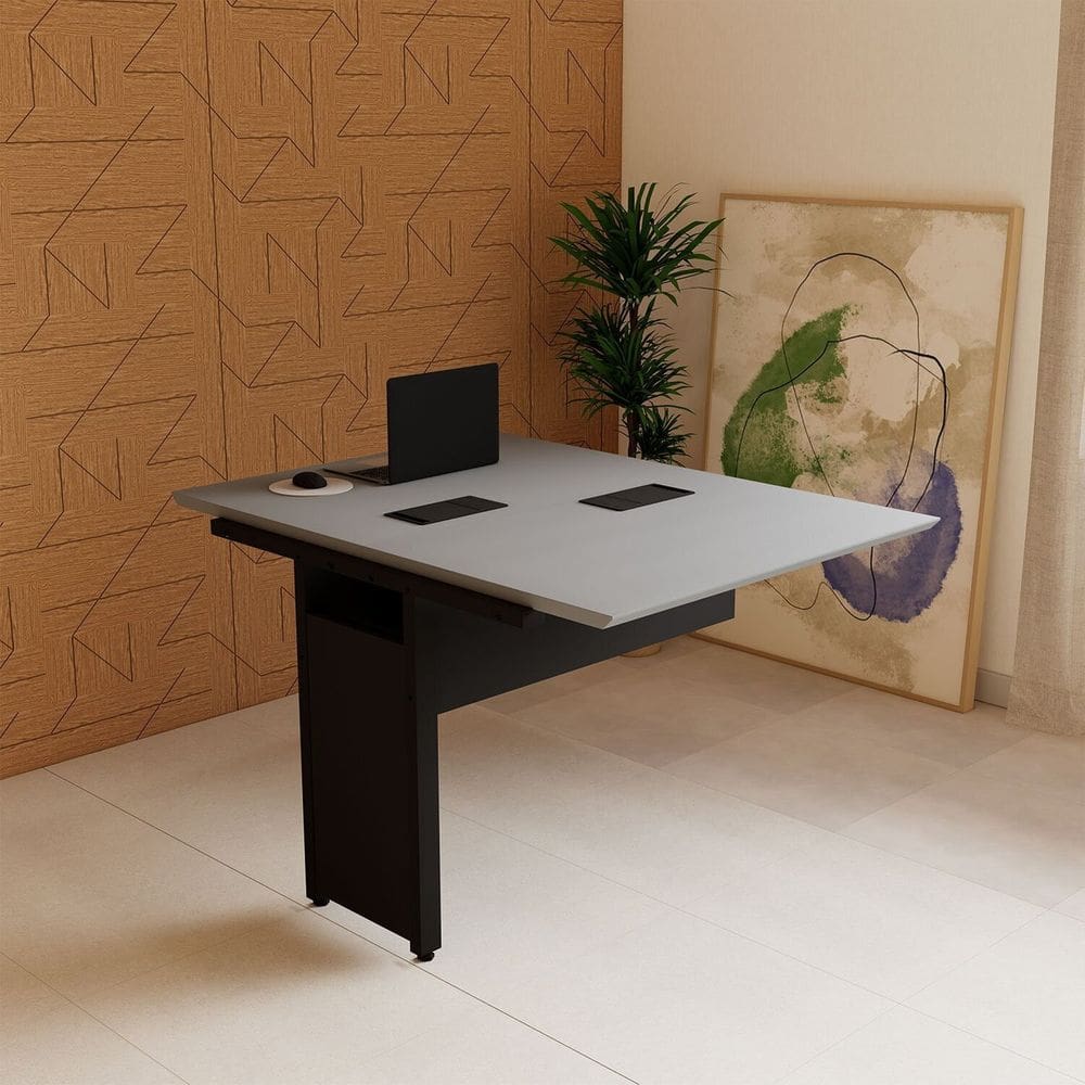 Mesa Escrivaninha 90cm Auxiliar Plataforma de Acoplar com Caixa de Tomada para Escritório Corporate Cinza Sagrado / Preto