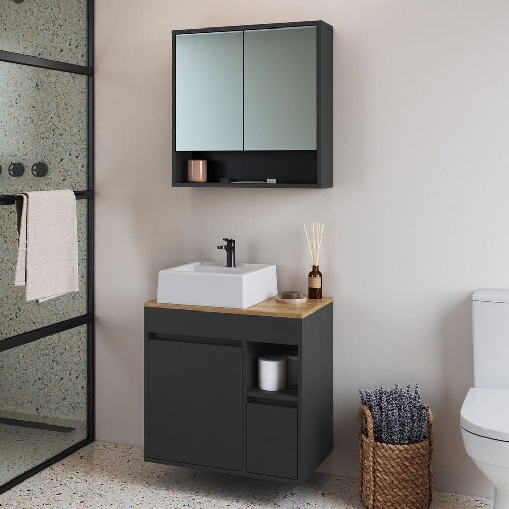 Conjunto para Banheiro Gabinete Suspenso 60cm com Cuba e Espelheira Bangladesh Grafite