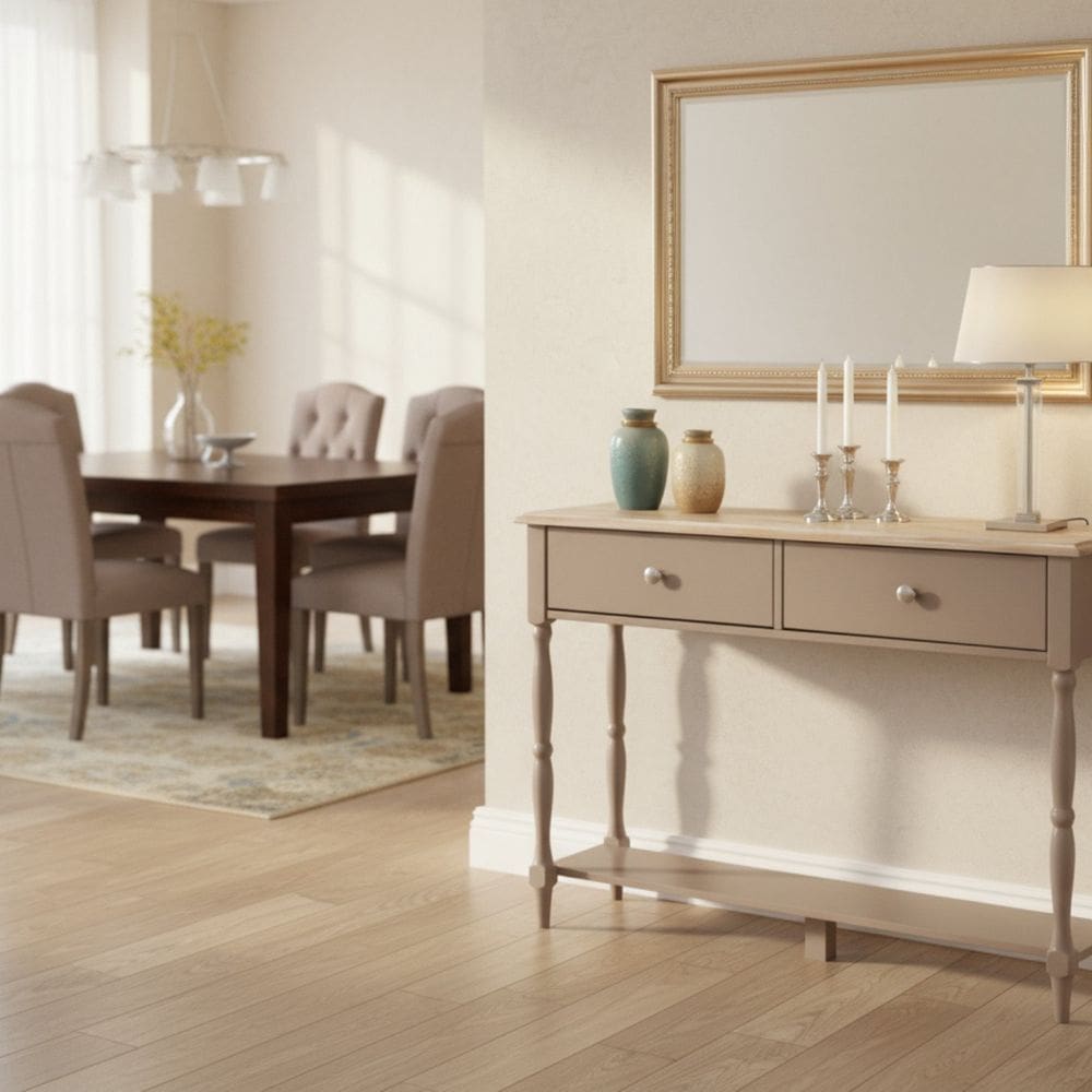 Aparador 2 Gavetas Tampo em Madeira Maciça Pés Torneados Louise Cinza/Patina