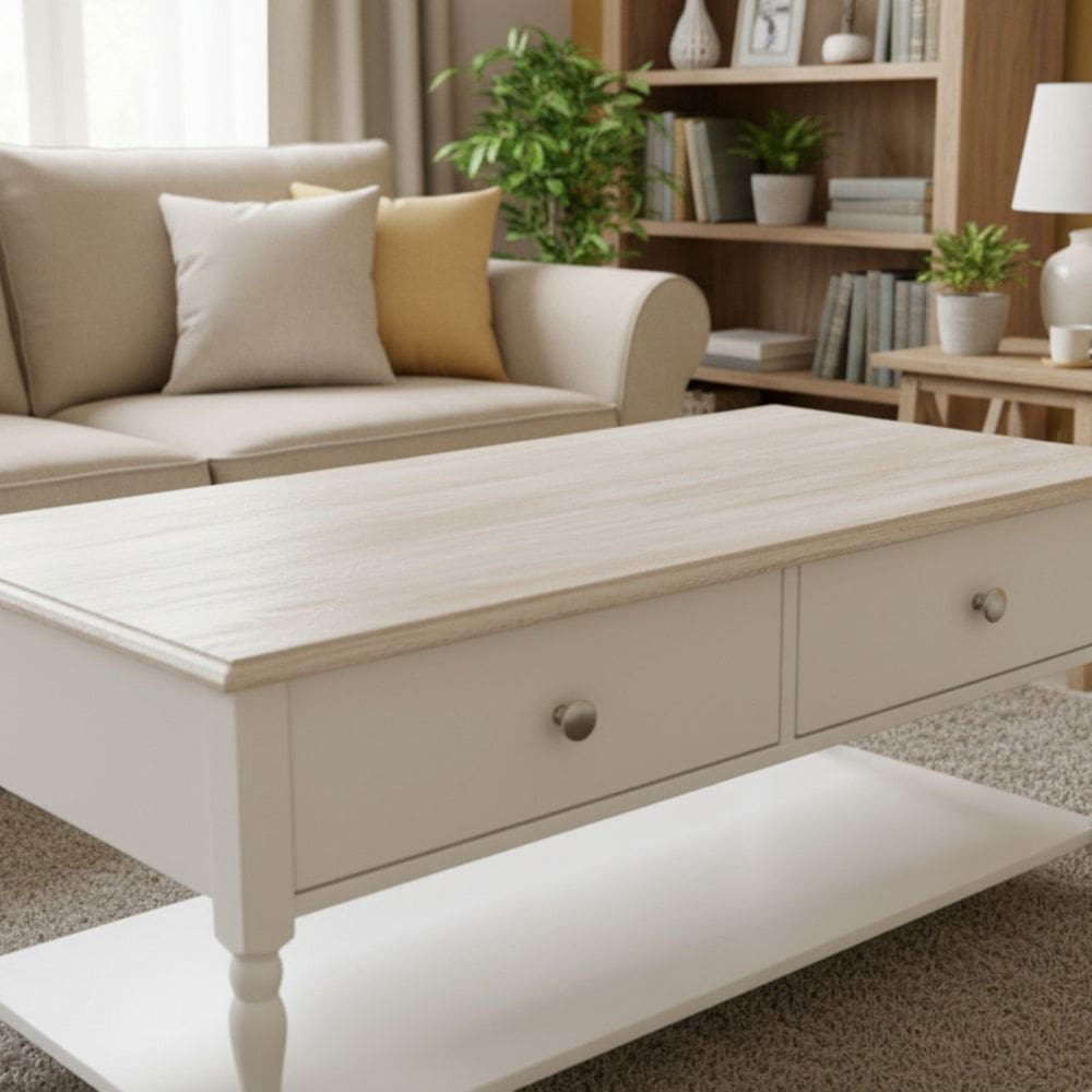 Mesa de Centro 2 Gavetas 100cm Tampo de Madeira Maciça Escovada Pés Torneados Louise Branco/ Patina