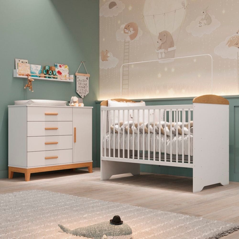 Quarto de Bebê Berço Eloa 3 em 1 e Cômoda Fraldário Hellen Branco/Bétula
