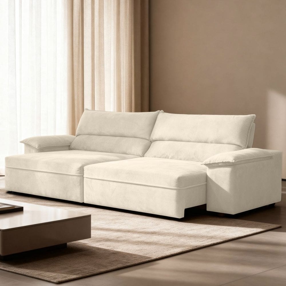 Sofá Retrátil Reclinável Molas Ensacadas 200cm Veludo Malta Bege Claro